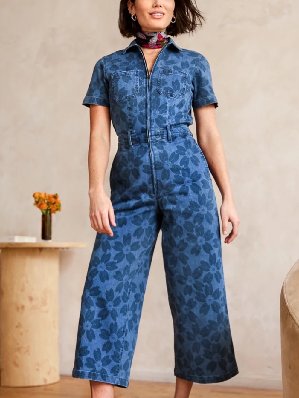 Floral-Print Blue Denim Short-Sleeve Jumpsuit
